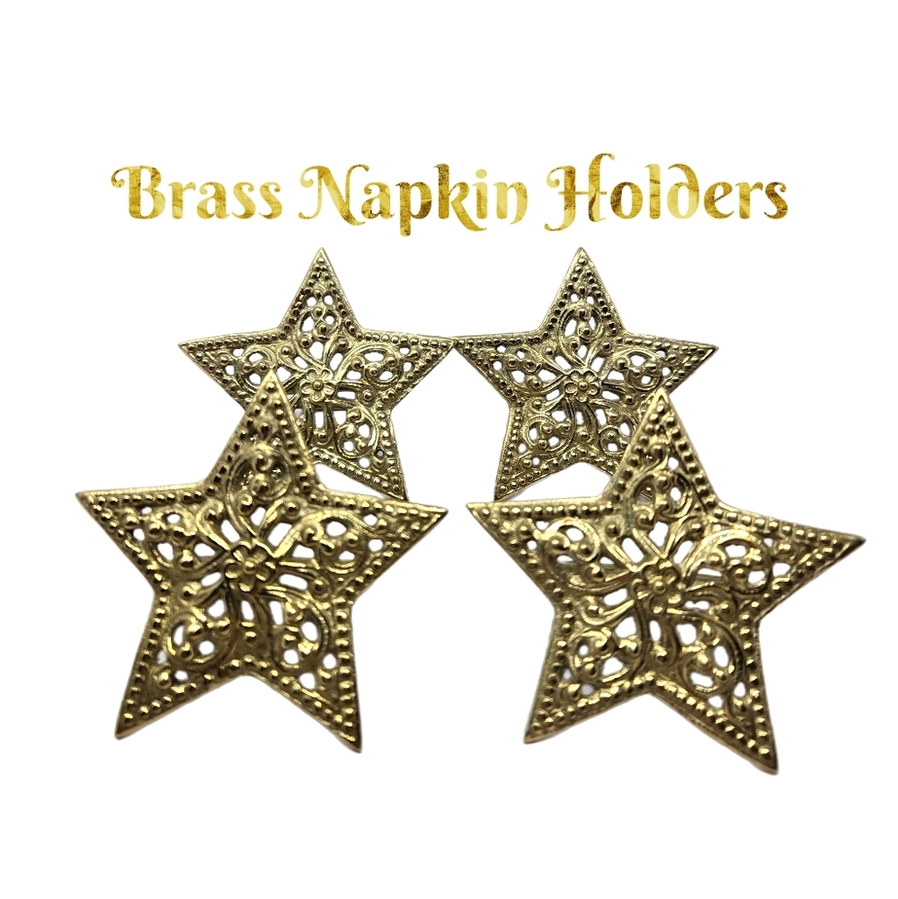 All Brass FiligreeNapkin Holders Set Of 4 Celestial Stars 5 Points Gold Tone